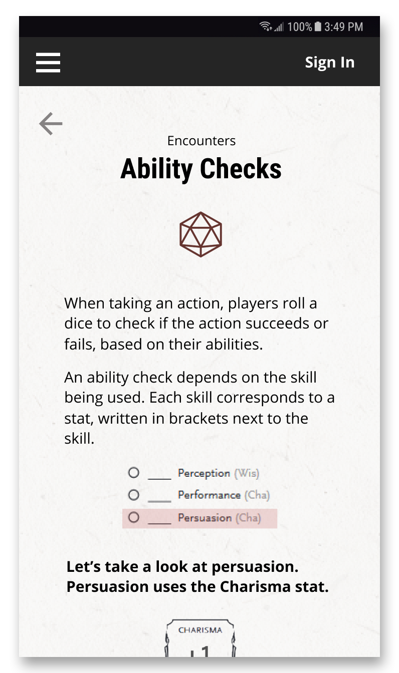 Initial version of my team's Ability Checks screen